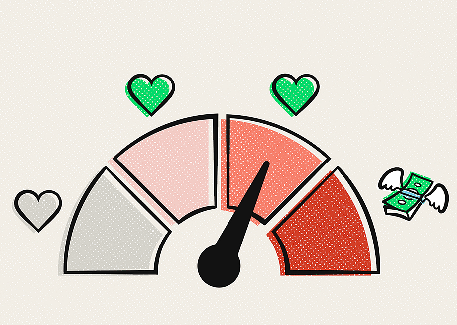 A custom illustration of a four-bar meter labelled with icons of hearts and cash, as a concept of measuring love and money. — Image by Jessica Wuller via Earnest