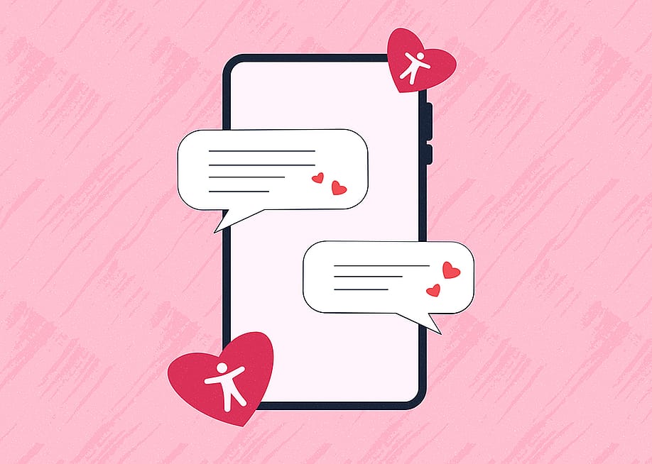 Smartphone illustration with chat bubbles and heart icons on a pink textured background, symbolizing communication and affection. — AudioEye