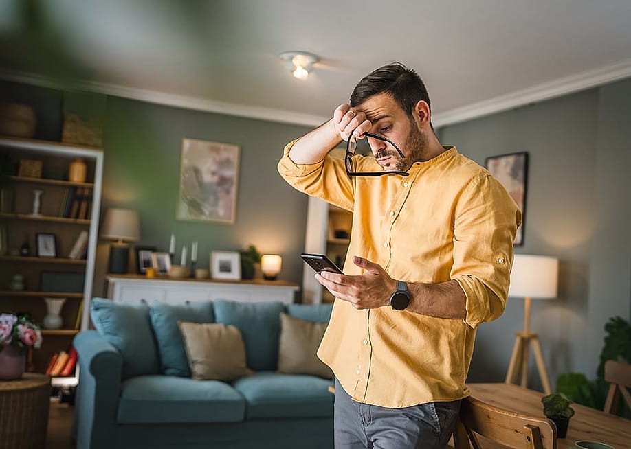 A man at home stressfully looking at his smartphone. — Miljan Zivkovic // Shutterstock