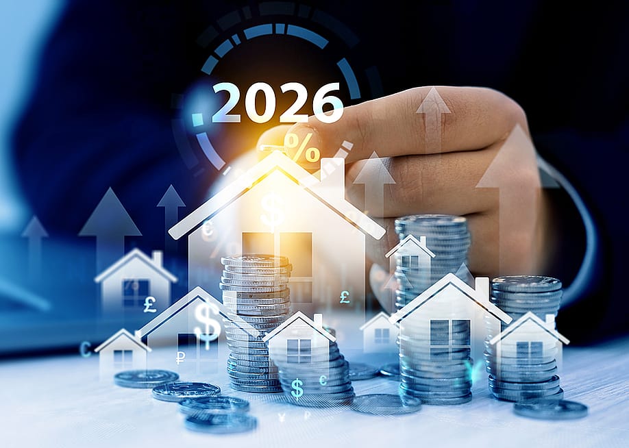 Figure of a home illustrated with 2026 and rising interest graphics. — Mer_Studio // Shutterstock