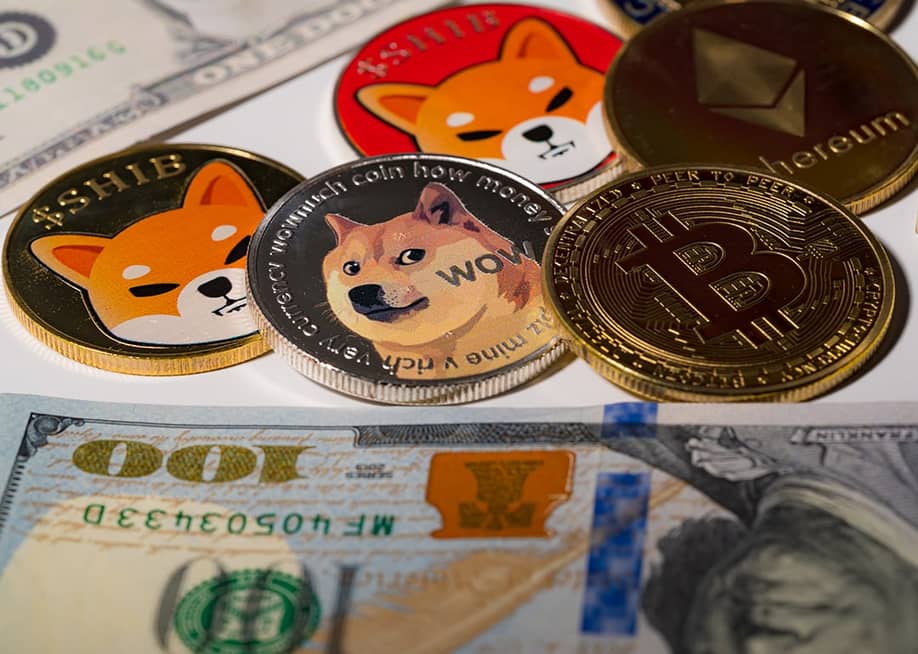Different variants of the cryptocurrency, Dogecoin. — BBbirdZ // Shutterstock