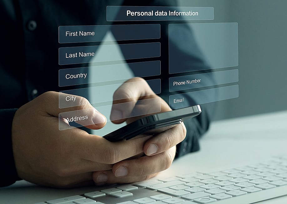 Person typing on smartphone illustrated with personal data sheet graphics. — Mer_Studio // Shutterstock