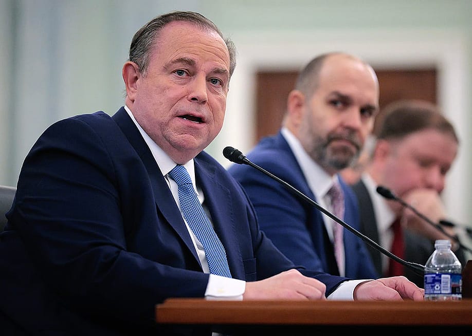 Newsmax CEO, Chris Ruddy, testifies during Senate hearing about media ownership on Capitol Hill, Washington D.C. — Chip Somodevilla // Getty Images