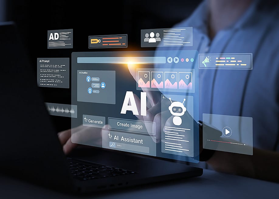 AI assistant software graphics over a person using a laptop. — Mer_Studio // Shutterstock