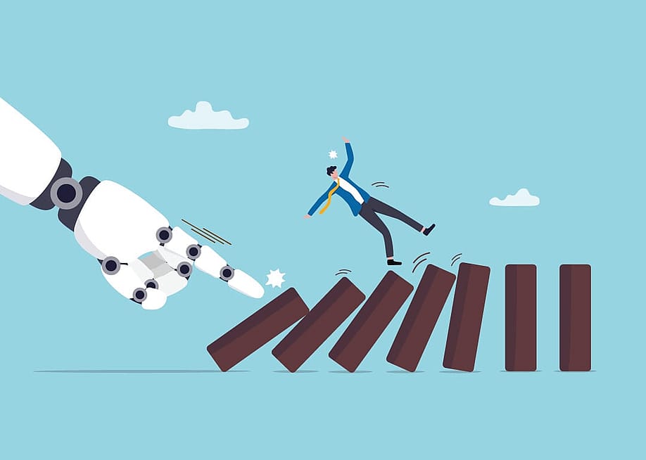 A vector illustration of a businessman on figures of domino blocks tipped over by a robotic hand as a concept of AI disruption in the workplace. — eamesBot // Shutterstock