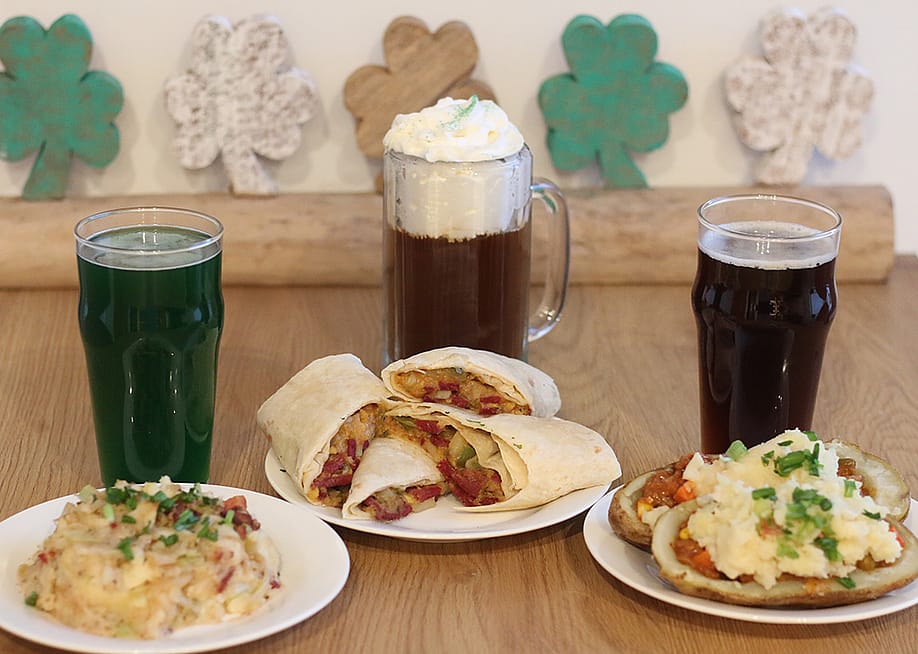The top three St. Patrick's Day meals: Corned Beef Hash Breakfast Burrito, Loaded Colcannon, and Shepherd's Pie Potato Skins. — Wildfire Outdoor Living