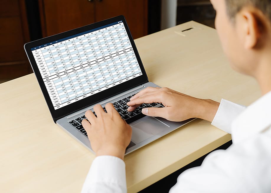 An accountant using a laptop showing financial statement spreadsheets and account balances. — Summit Art Creations // Shutterstock