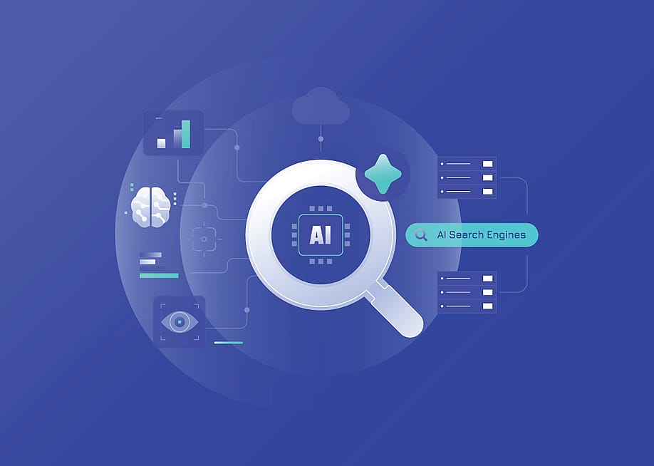 A vector illustration of a magnifying glass illustrated with network and AI search engine concept graphics. — innni // Shutterstock