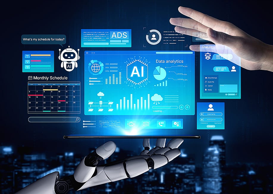 A robotic hand and human hand engage with AI unifying analytics and dashboard graphics. — Summit Art Creations // Shutterstock