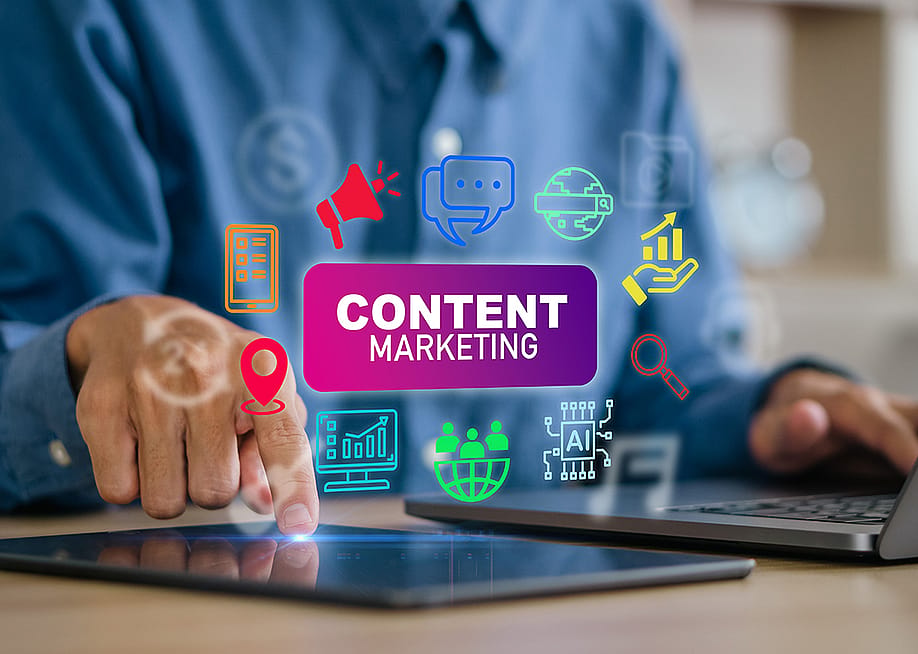 A content creator using a laptop and tablet with content marketing concept icons. — witsarut sakorn // Shutterstock