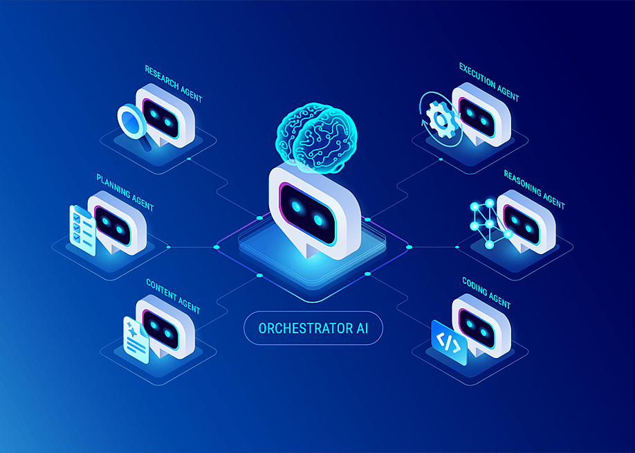 A vector of AI agents' orchestration workflow diagram that shows a six multi-agent system. — forestgraphic // Shutterstock