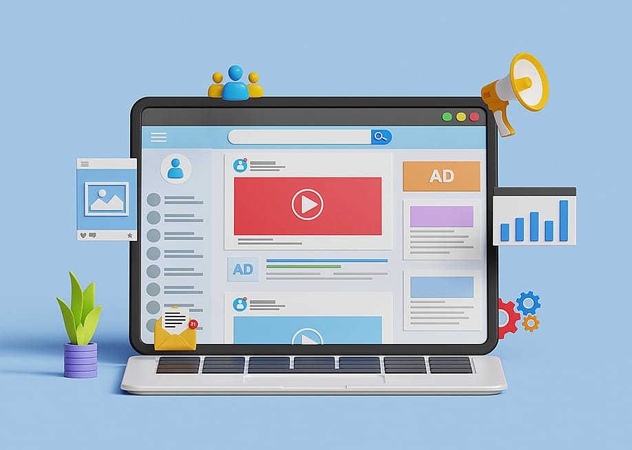 A vector illustration showing social media and marketing icons in a laptop. — DETHAL // Shutterstock