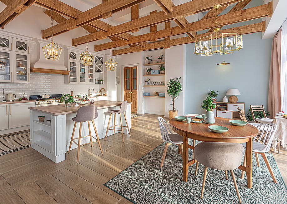 A modern luxury apartment featuring a rich, Scandinavian style interior with wooden motifs. — Pinkystock // Shutterstock