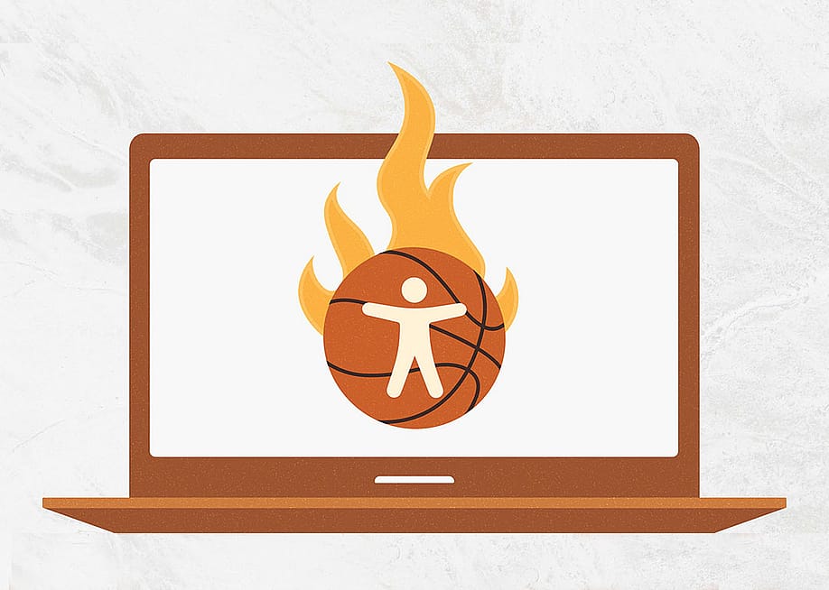 A custom illustration of a laptop featuring a basketball graphic as a concept of March Madness accessibility in the web. — AudioEye