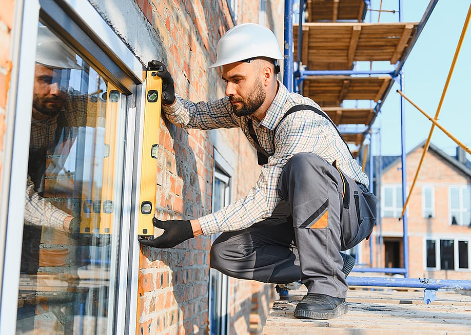 A construction worker installing a window while standing on scaffolding. — Hryshchyshen Serhii // Shutterstock