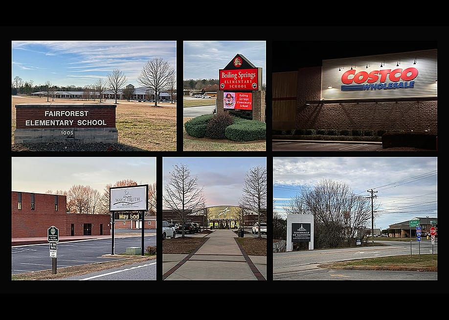 The South Carolina measles outbreak grew from exposures in places like schools, churches and stores like the ones pictured here: Fairforest Elemtary School, Boiling Springs Elementary School, Costco, Way of Truth Church, Tabernacle of Salvation Church. — Alison Young // Healthbeat