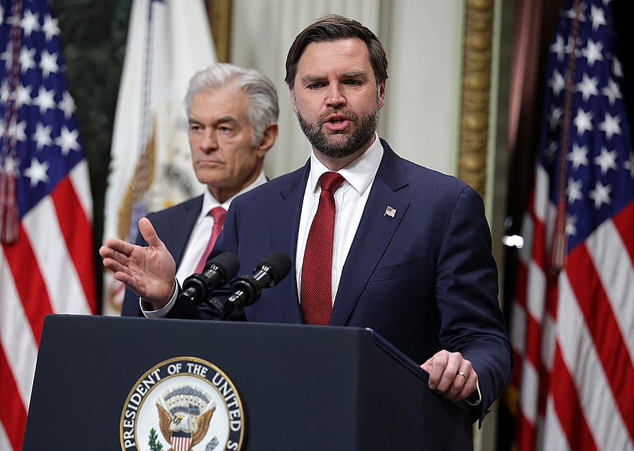 U.S. Vice President JD Vance speaks as Administrator for the Centers for Medicare & Medicaid Services during an announcement at the Eisenhower Executive Office Building of the White House in Washington, DC. — Alex Wong // Getty Images