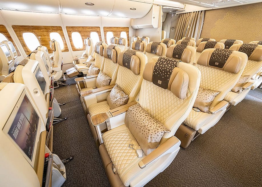 Premium Economy class seats of Emirates Airlines' Airbus A380. — Photofex_AUT // Shutterstock
