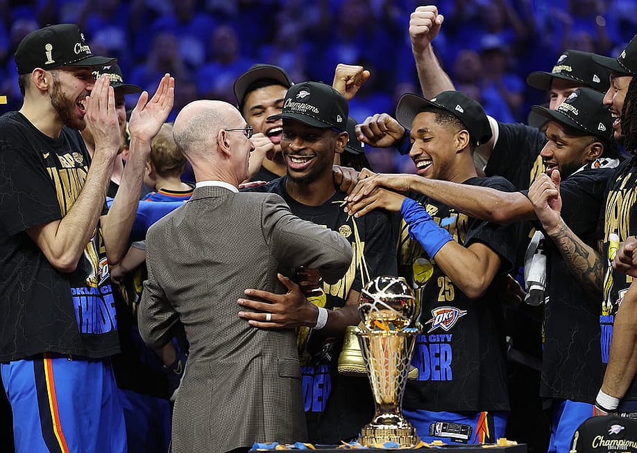 The Oklahoma City Thunder celebrating after defeating the Indiana Pacers in Game 7 of the 2025 NBA Finals at Paycom Center in Oklahoma City, Oklahoma. — Joshua Gateley // Getty Images