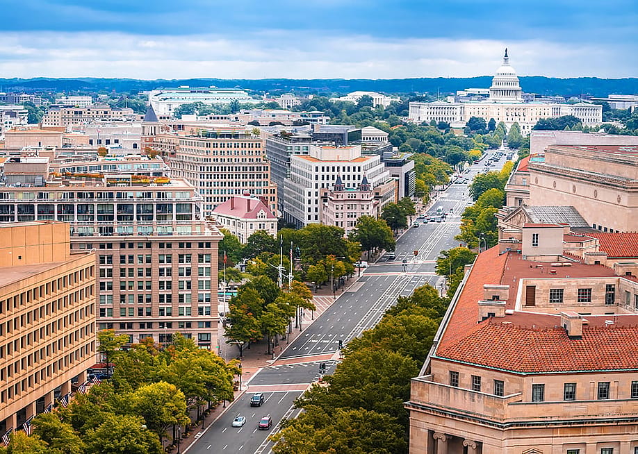 An aerial shot of Pennsylvania Avenue and a view of U.S. Capitol. — xbrchx // Shutterstock