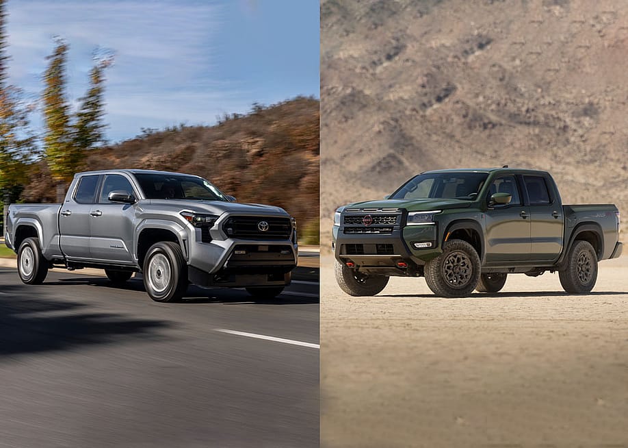 Composite image of grey 2026 Toyota Tacoma on road on the left with a dark green 2026 Nissan Frontier park on dirt on the right. — Toyota, Nissan