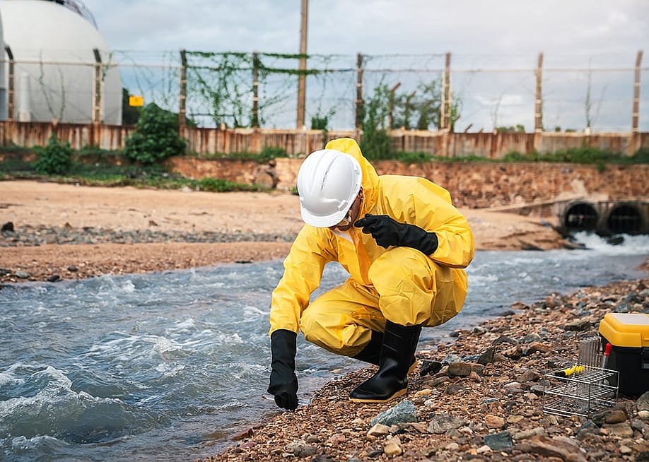 A factory worker in hazmat suit performs environmental inspection. — DJ Creative Studio // Shutterstock
