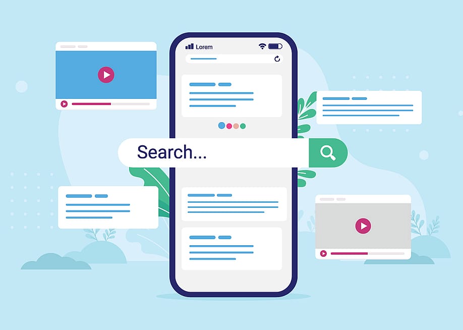 A vector illustration of search engine graphics on a phone screen. — Overearth // Shutterstock