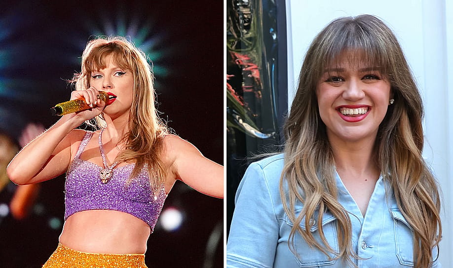Left: Taylor Swift performs onstage during "Taylor Swift | The Eras Tour",Right: Kelly Clarkson is seen at Tom's Restaurant on September 04, 2024 in New York City. — Left: Erika Goldring/TAS24/Getty Images, Right: Jose Perez/Bauer-Griffin/GC Images