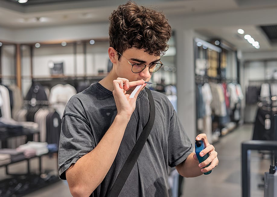A person smelling a perfume's scent blotter in a store. — Mishchenko Svitlana // Shutters