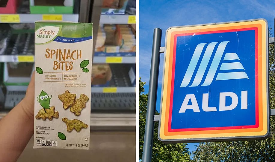 Left: Someone holding a box of Spinach Bites, Right: An Aldi sign — Left: Lemon8, Right: Steve Travelguide // Shutterstock