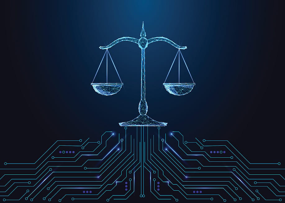 A glowing polygonal balance scale on a futuristic dark blue background as a concept of AI and legal technology. — Inkoly // Shutterstock