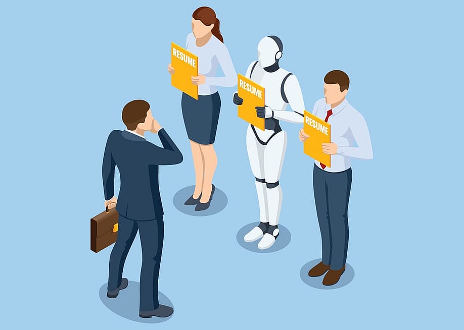 A vector illustration of two job applicants and a recruitment robot during a hiring process. — Golden Sikorka // Shutterstock