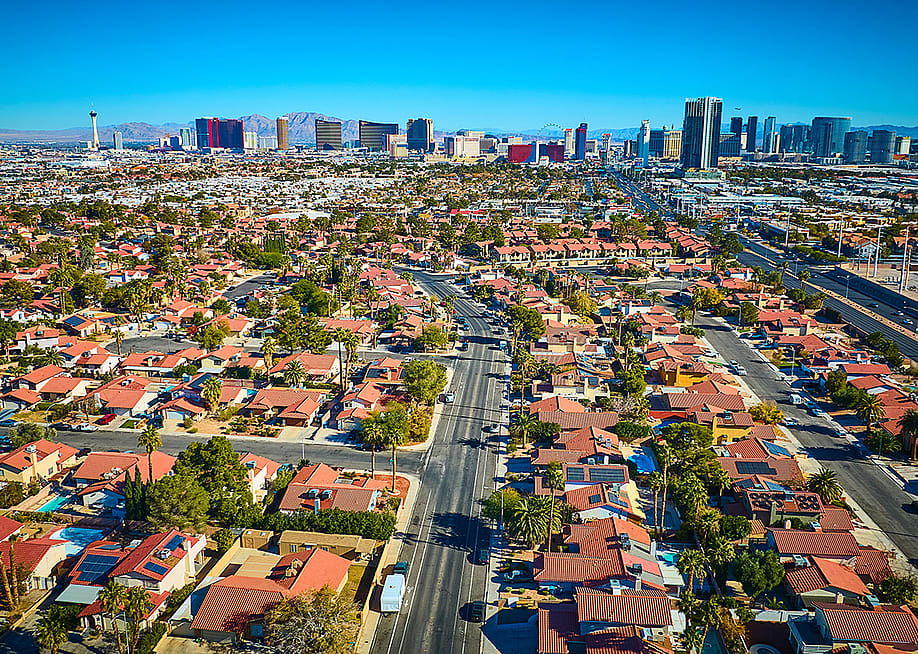 An aerial skyline view of a Las Vegas suburb in Nevada, USA. — Nicholas J Klein // Shutterstock
