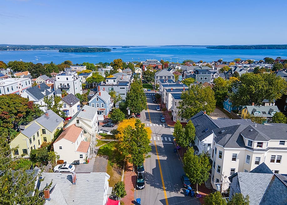 An aerial view of Munjoy Hill's historic neighborhood in Portland, Maine, USA. — Wangkun Jia // Shutterstock