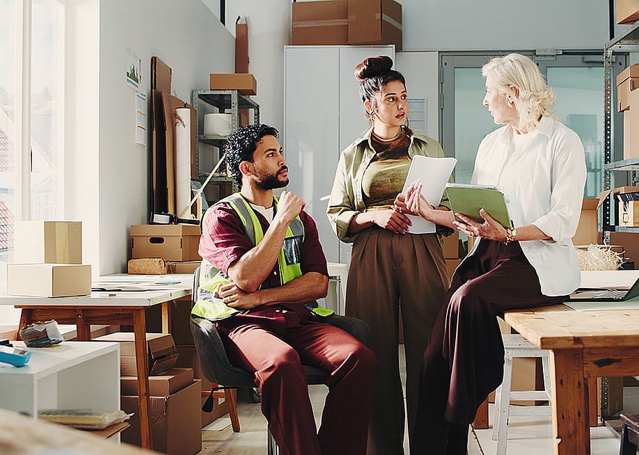 A team checking in together for delivery and retail updates in a stock room. — PeopleImages // Shutterstock