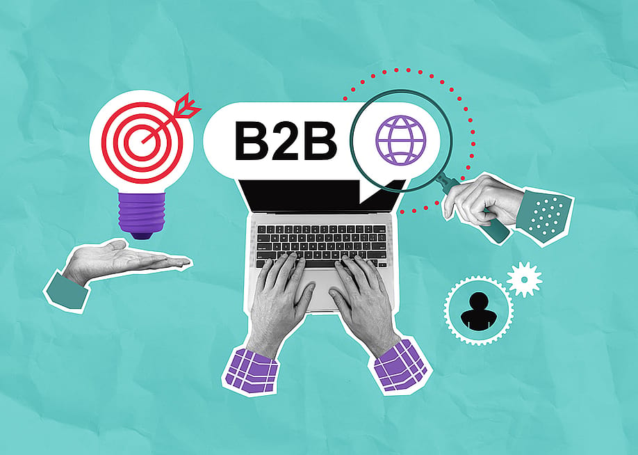 A collage of hands, laptop, and business graphics symbolizing B2B digital marketing on a teal paper background. — ImageFlow // Shutterstock