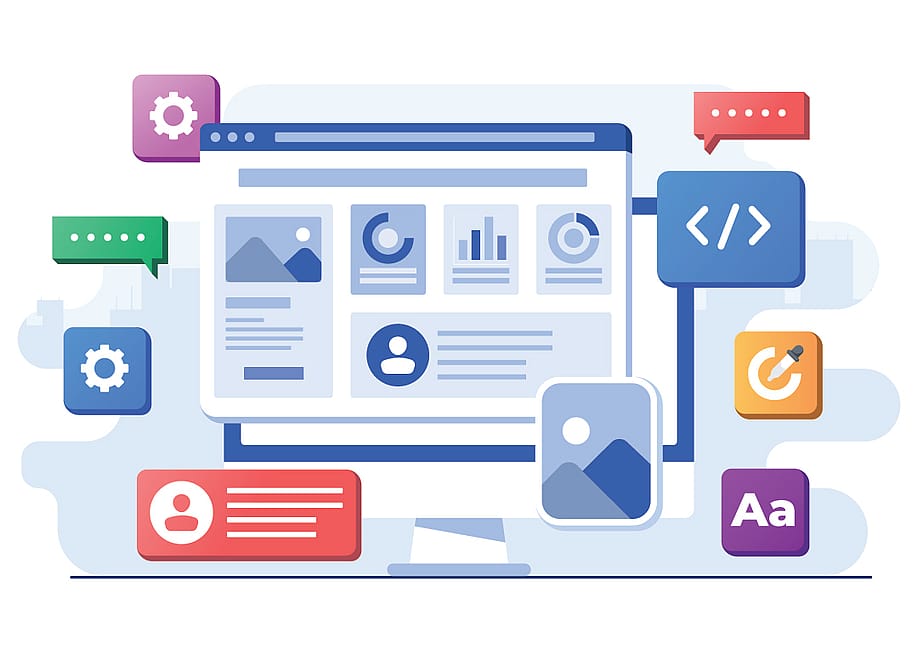 A vector illustration of interface elements and browser windows on computer. — Whiskerz // Shutterstock