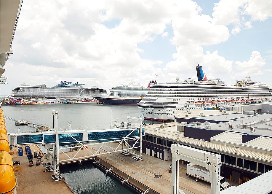 Cruise ships from NCL, Disney, Carnival, and Royal Caribbean docked at Port Canaveral in Florida. — Santiago Castillo Chomel // Shutterstock