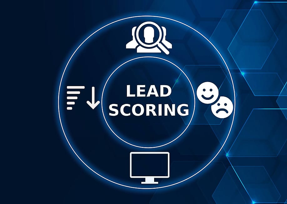 Circular tech graphic showing concept of lead scoring icons. — Dave Hoeek // Shutterstock