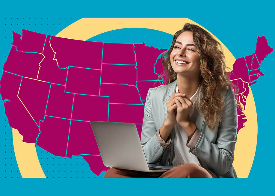 A custom illustration of a young happy businesswoman over a map of the US as a concept of starting a business in the U.S. — SoFi