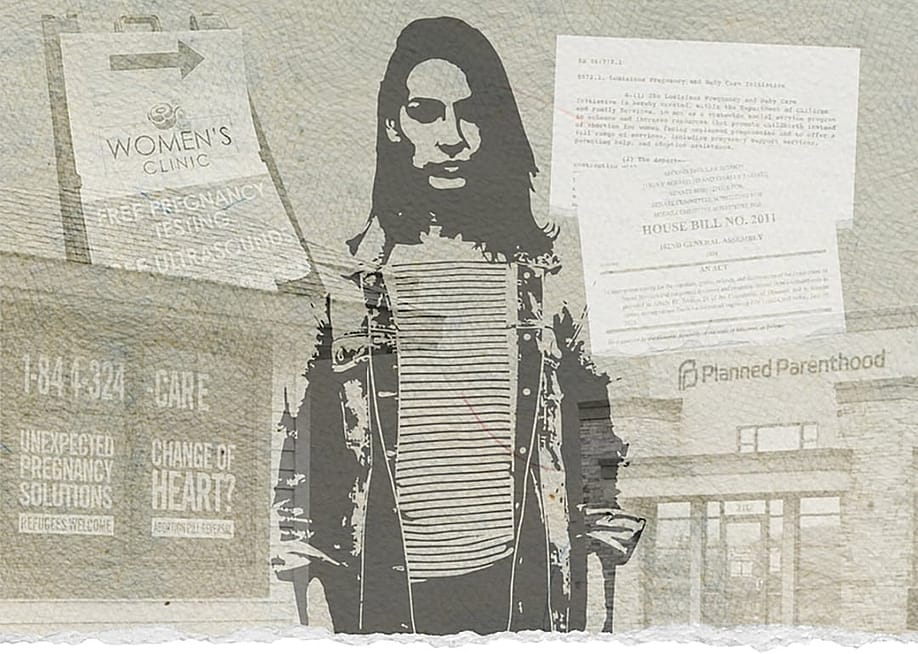 Collage art of a young woman surrounded with pregnancy and planned parenthood concept illustrations. — David Jack Browning for States Newsroom