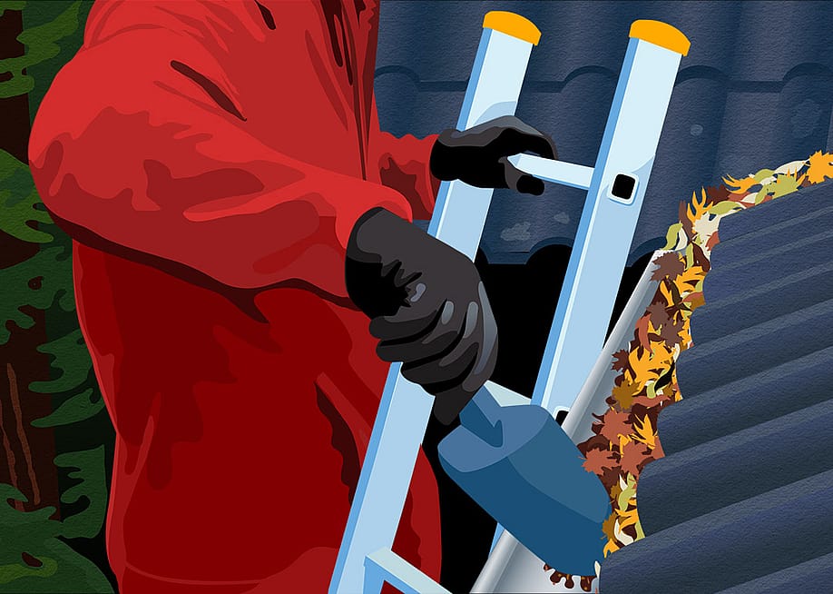 A custom art of a person cleaning leaves off a roof gutter — Paul Dolan // HomeServe