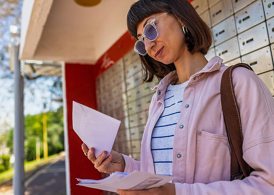 A young woman checking letters from mailbox. — zhukovvvlad // Shutterstock