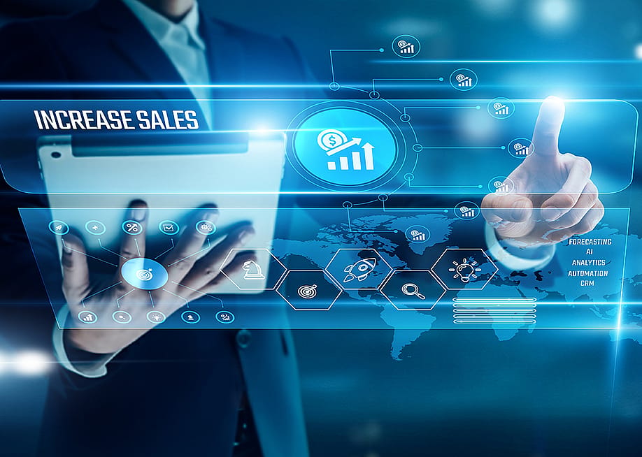 Businessman analyzing global networks sales growth. — Digitala World // Shutterstock