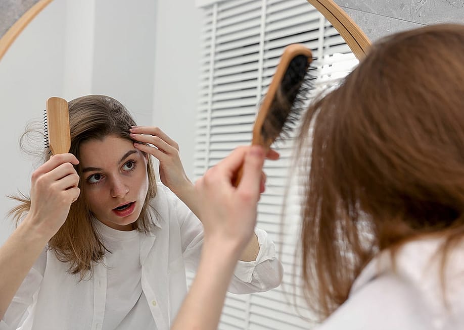 A person checking her hair while facing a mirror in a bathroom. — New Africa // Shutterstock