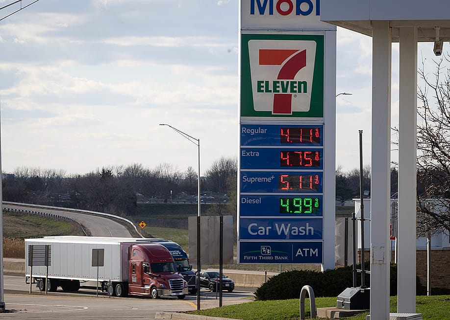 Fuel prices are displayed at a tollway oasis on April 06, 2026 in Belvidere, Illinois. — Scott Olson // Getty Images