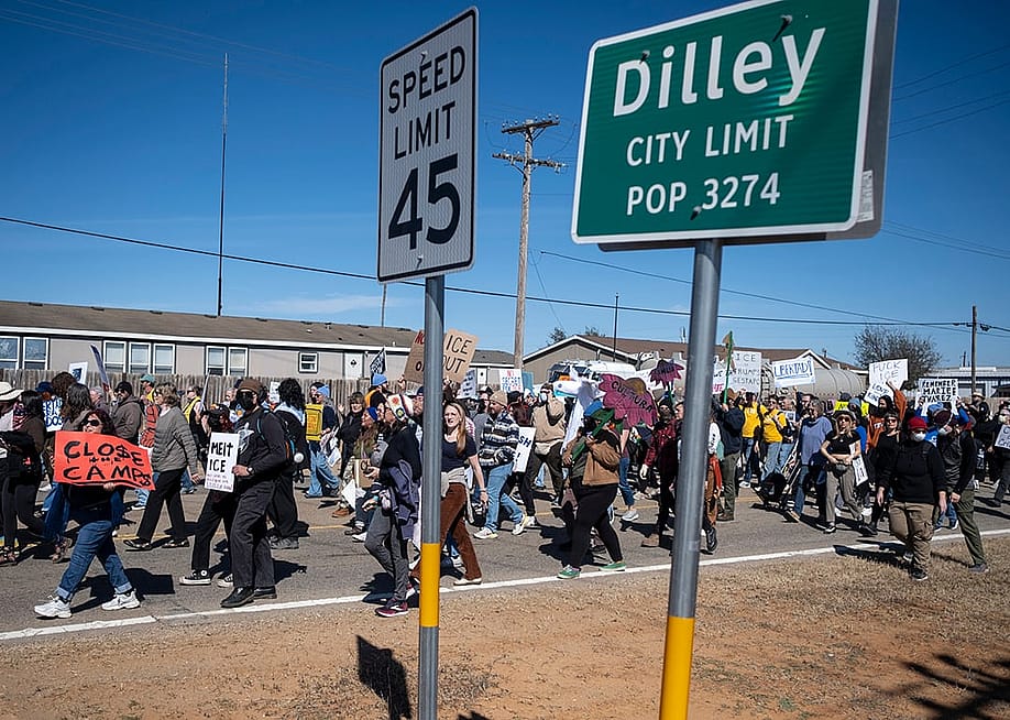 Denouncing detention of 5-year-old Liam Ramos, protesters march toward the South Texas Family Residential Center on January 28, 2026 in Dilley, Texas. — Joel Angel Juarez // Getty Images