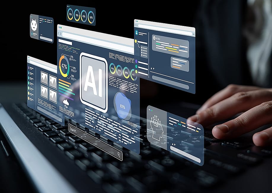 Dashboards and charts over a laptop as a concept of AI assistance. — Summit Art Creations // Shutterstock