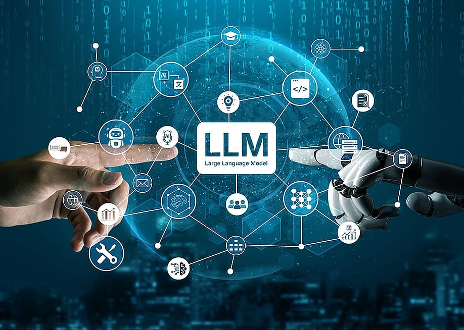 A human arm and a robotic arm pointing to an LLM (Large Language Model) and other processing data icons. — Summit Art Creations // Shutterstock