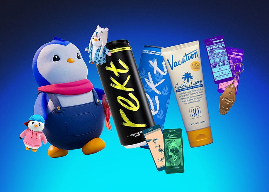Custom illustration of nationwide brands that started as crypto experiments such as Pudgy Penguins (plush toys), Rekt (canned energy drink), and Vacation (sunscreen brand). — Jordan Bauer // OpenSea